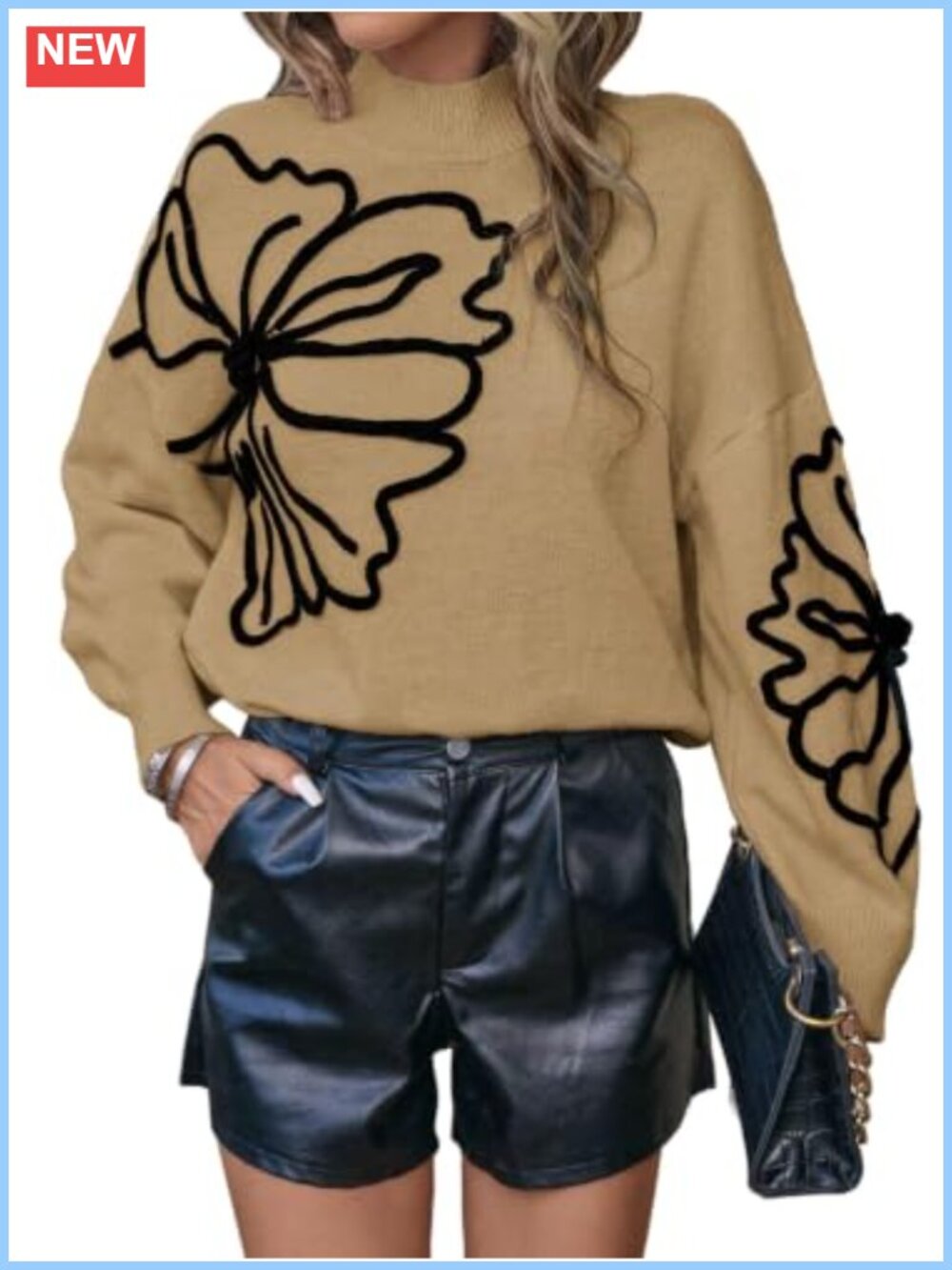 SISKIN Mock Neck 3D Floral Loose Knit Pullover Sweater Women